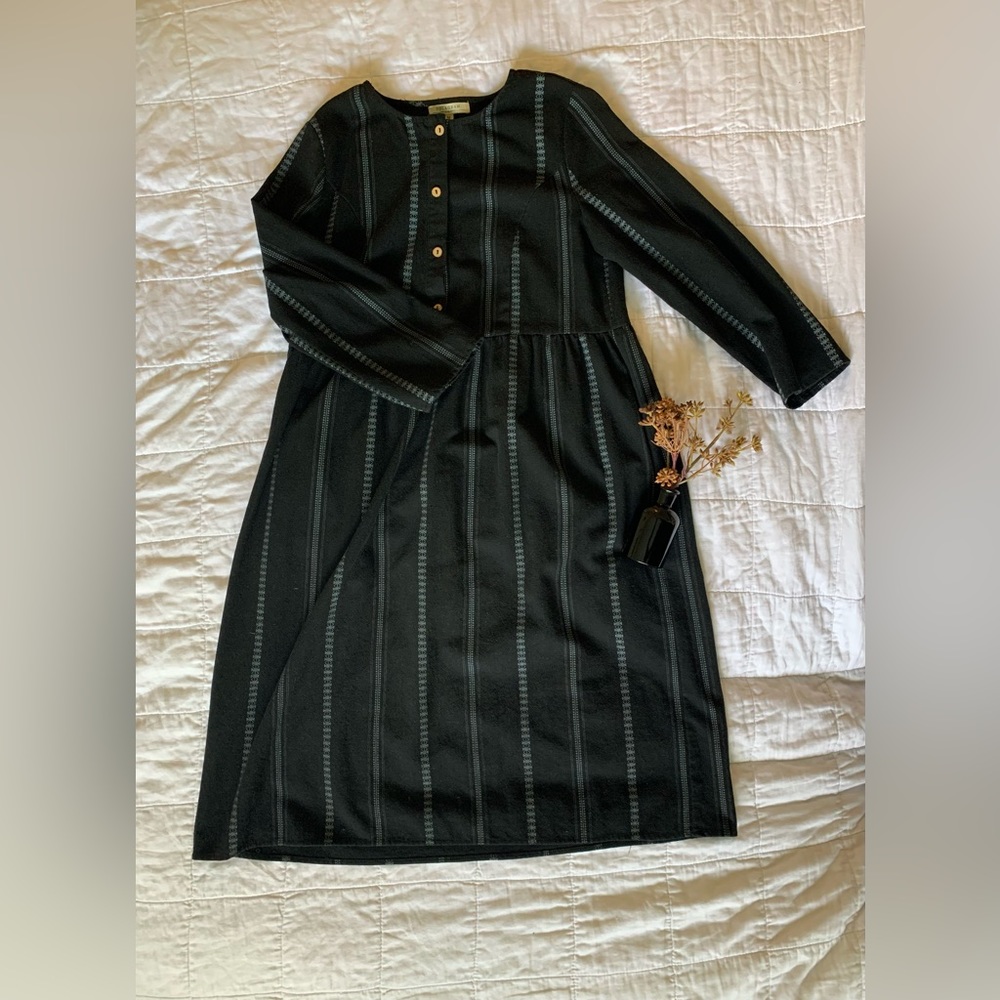 Polagram Cottagecore Dress Black Blue Stitching Buttons Midi Size Medium